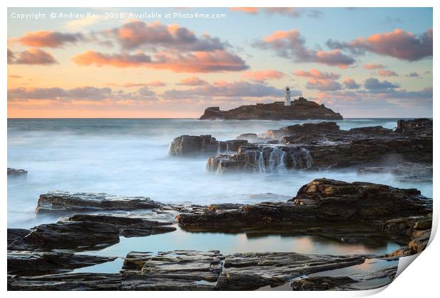 Godrevy Lighthouse at sunset Print by Andrew Ray