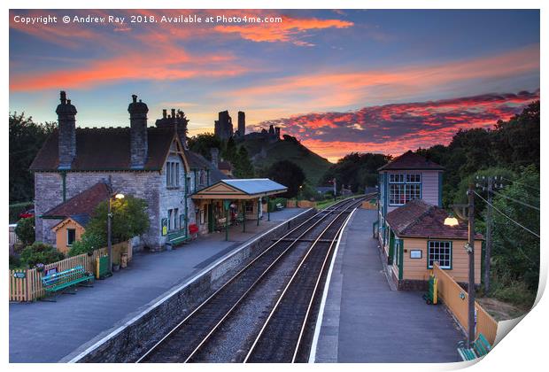 Sunset over Corfe Railway Station by Andrew Ray Print by Andrew Ray