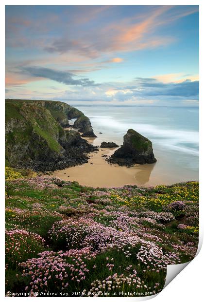 Sunset over the Bedruthan Steps Print by Andrew Ray