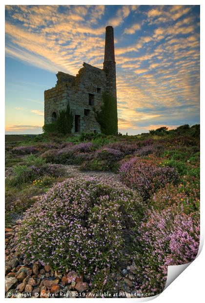 Cloud pattern over Tywarnhayle Engine House Print by Andrew Ray