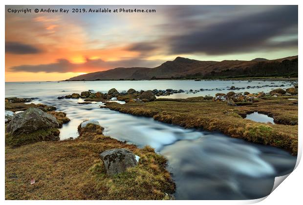 Stream at sunset (Loch Buie) Print by Andrew Ray