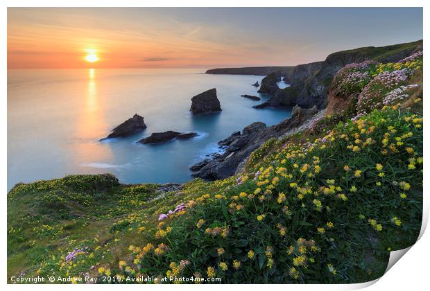 The setting sun at Bedruthan Steps. Print by Andrew Ray