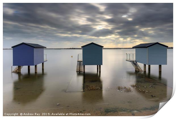 Shafts of light over Osea Beach Huts Print by Andrew Ray
