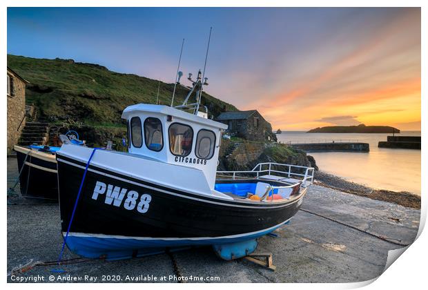 Boats at sunset (Mullion Cove) Print by Andrew Ray