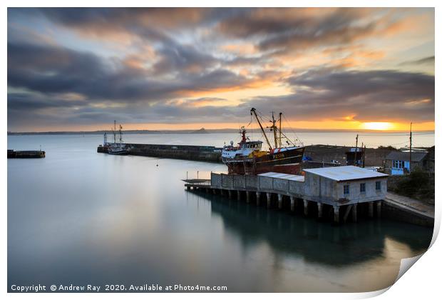 Sunrise over the dry dock at Newlyn Print by Andrew Ray