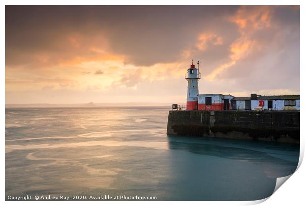 Newlyn Lighthouse at sunrise Print by Andrew Ray