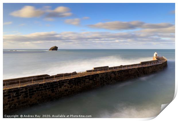 Clouds over Portreath Pier and Gull Rock Print by Andrew Ray