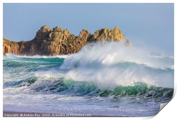 Stormy sea at Porthcurno Print by Andrew Ray