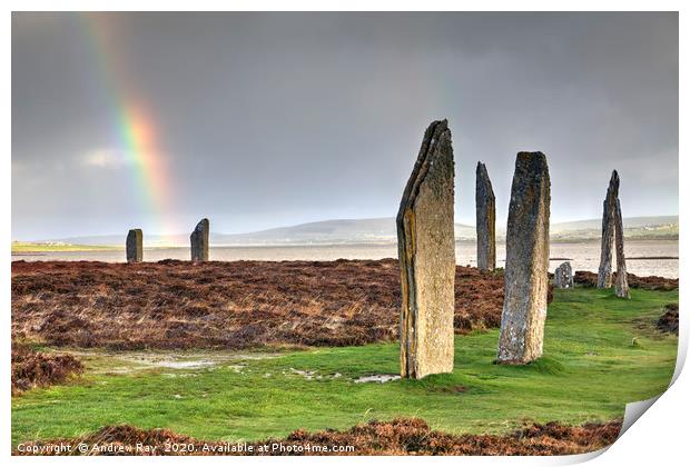 Rainbow over Ring of Brodgar Print by Andrew Ray