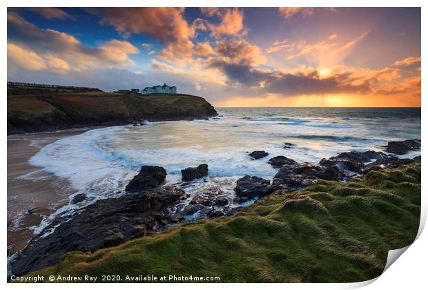Setting Sun at Poldhu Cove Print by Andrew Ray