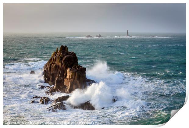 Towards Longships Lighthouse (Lands End) Print by Andrew Ray