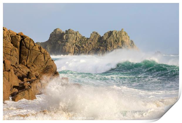 Rough seas at Porthcurno Print by Andrew Ray
