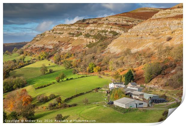 Farm and Eglwyseg Rocks from Castell Dinas Bran Print by Andrew Ray