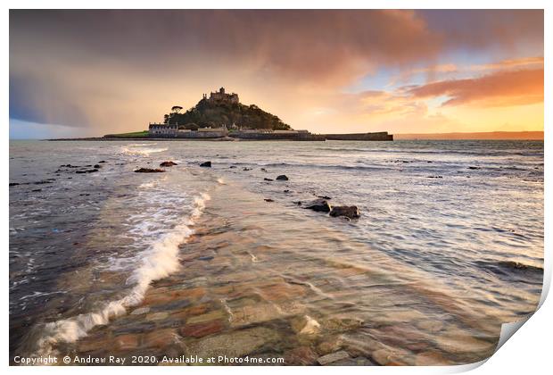 Stormy sunset (St Michael's Mount) Print by Andrew Ray
