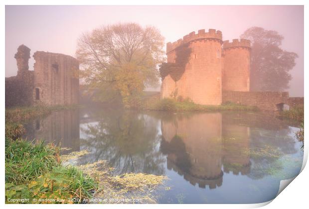 Misty morning at Whittinton Castle Print by Andrew Ray