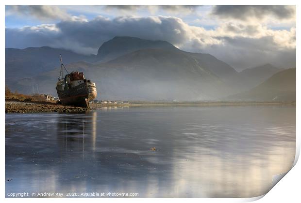 Abandoned boat and Ben Nevis (Loch Linnhe) Print by Andrew Ray