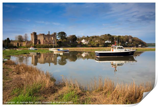 Laugharne Castle at high tide Print by Andrew Ray
