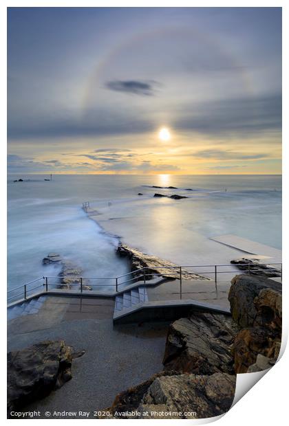 Sunbow over the swimming pool steps (Bude) Print by Andrew Ray