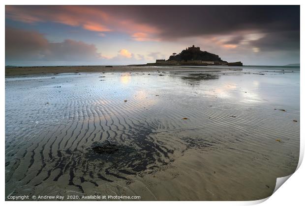 Sand ripples and reflections (St Michael's Mount) Print by Andrew Ray