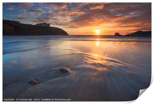 The setting sun at Poldhu Cove Print by Andrew Ray