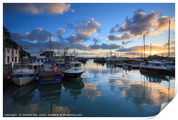 Sunrise Reflections at Padstow Print by Andrew Ray