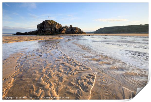 Sand patterns and Chapel Rock (Perranporth) Print by Andrew Ray