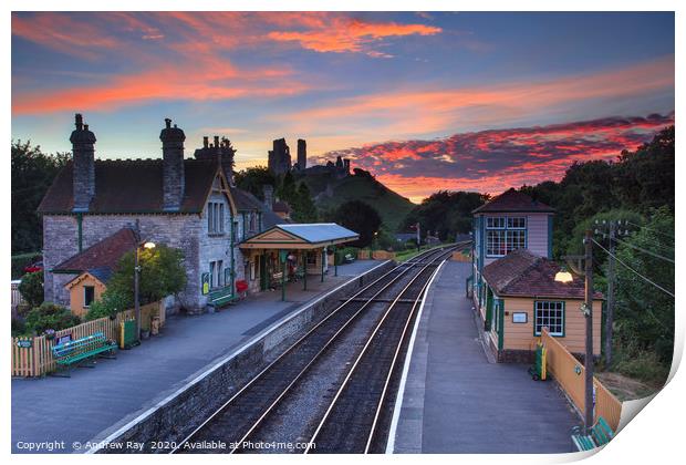 Sunset over Corfe Railway Station Print by Andrew Ray