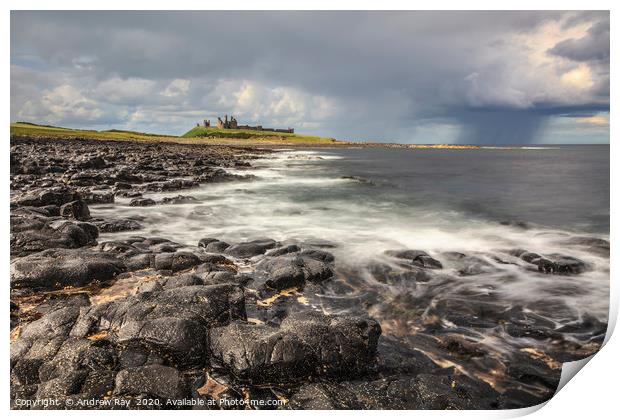 Approaching storm at Dunstanburgh Print by Andrew Ray