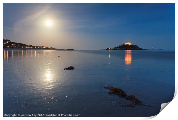 Moon reflections (St Michael's Mount) Print by Andrew Ray