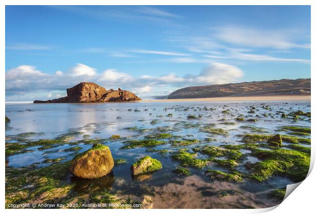 Rocky shore at Perranporth Print by Andrew Ray