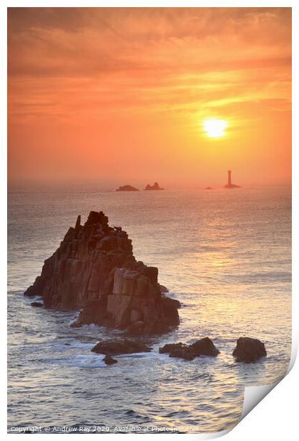 Towards Longships Lighthouse (Land's End) Print by Andrew Ray