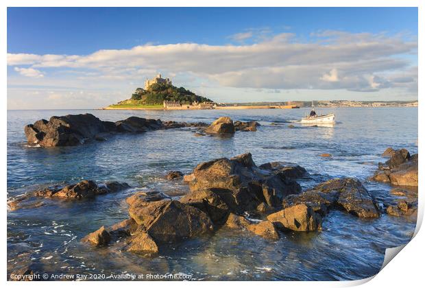 Boat in morning light (St Michael's Mount) Print by Andrew Ray