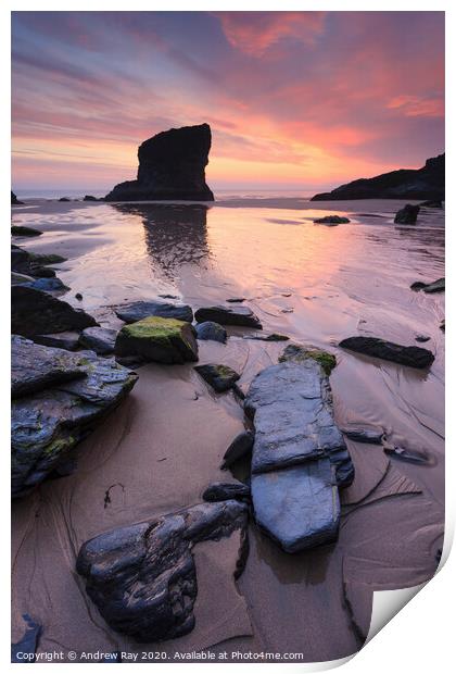 Bedruthan Beach at sunset Print by Andrew Ray