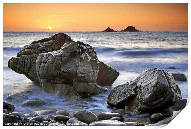 Setting sun (Porth Nanven) Print by Andrew Ray