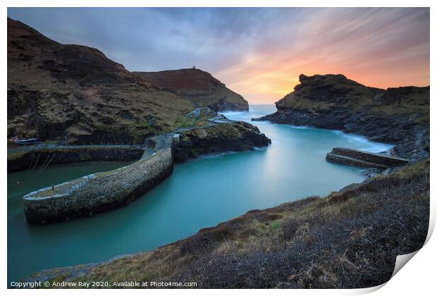 Boscastle Harbour Entrance at sunset Print by Andrew Ray