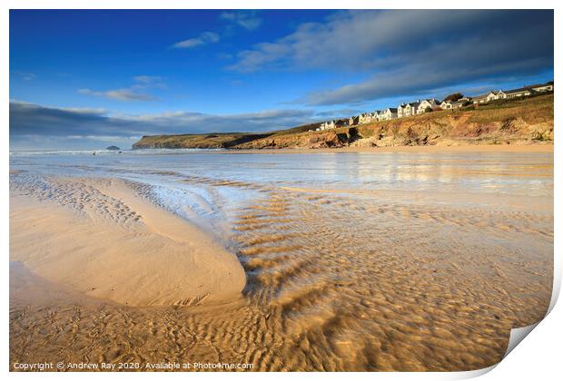 Stream on Polzeath Beach Print by Andrew Ray