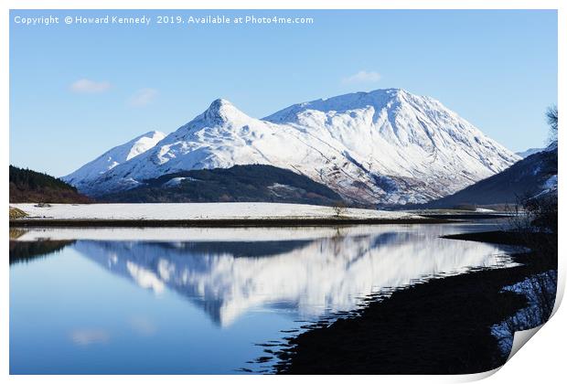 Pap of Glencoe reflected on Loch Leven in Winter Print by Howard Kennedy