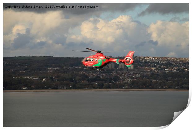 Wales Air Ambulance over Swansea Bay Print by Jane Emery