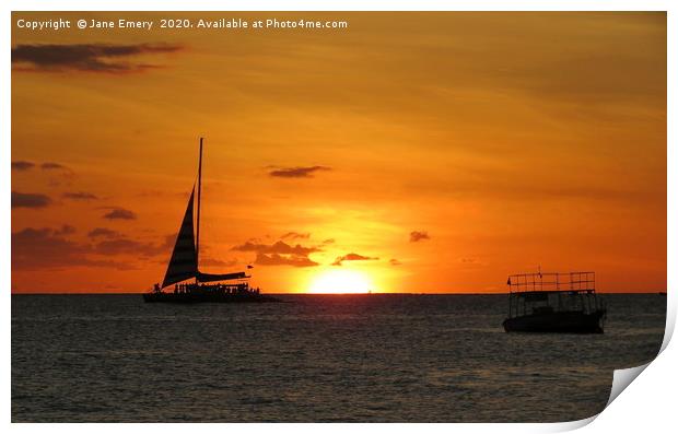 Sailing away in the Sunset, Holetown, Barbados Print by Jane Emery