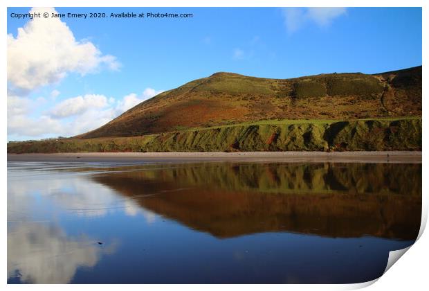 Reflections of Rhossili Downs, Swansea Print by Jane Emery