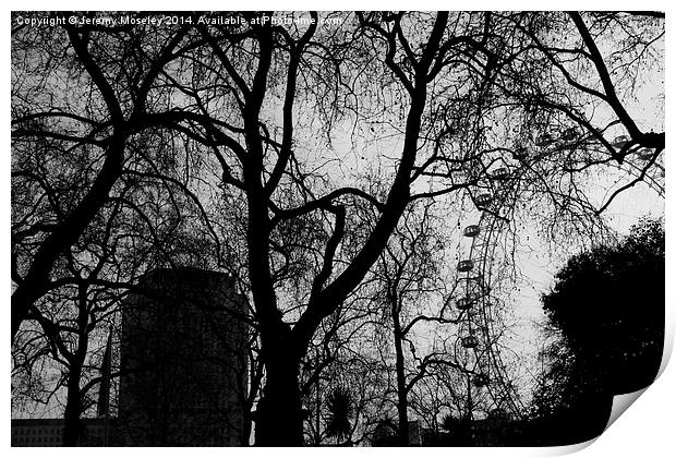 London Eye seen through branches Print by Jeremy Moseley