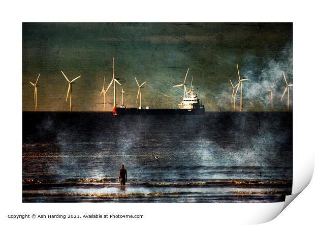 Moody Scene of Iron Man and Tanker on River Mersey Print by Ash Harding