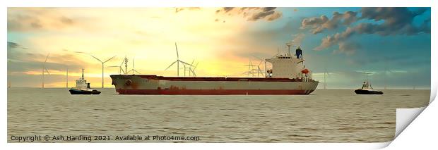 Tugs and Tanker at sunset Print by Ash Harding