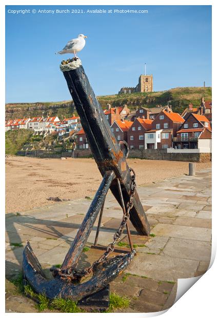 Whitby anchor and church Print by Antony Burch