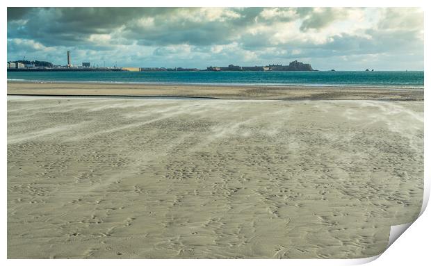 Blowing sand on St Helier beach Print by Jonathon barnett