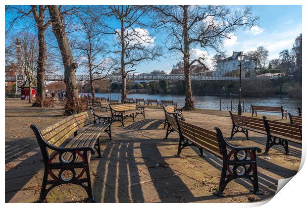 Benches by the River Dee Chester Print by Jonathon barnett