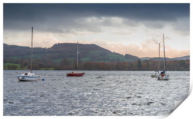 Boats on Windermere at sunset Print by Jonathon barnett