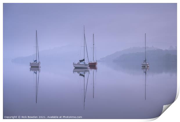Still Boats on lake Windermere Print by Rick Bowden
