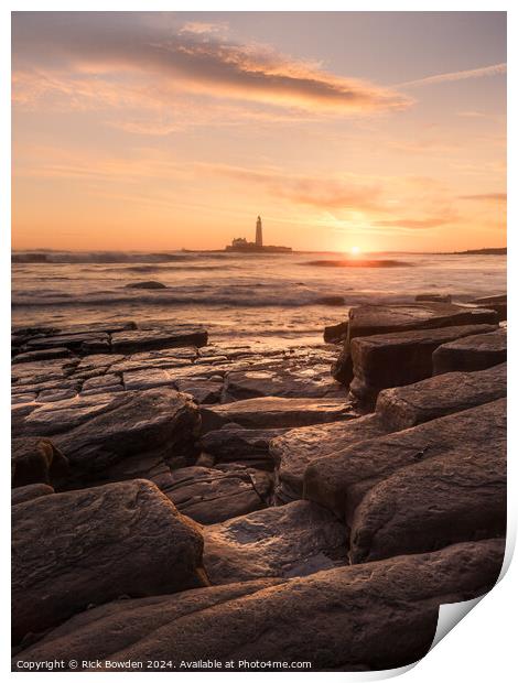 Rocky Sunrise at Whitley Bay Print by Rick Bowden