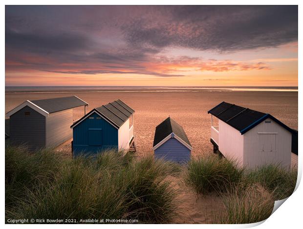 Sunrise at Wells Beach Huts Print by Rick Bowden